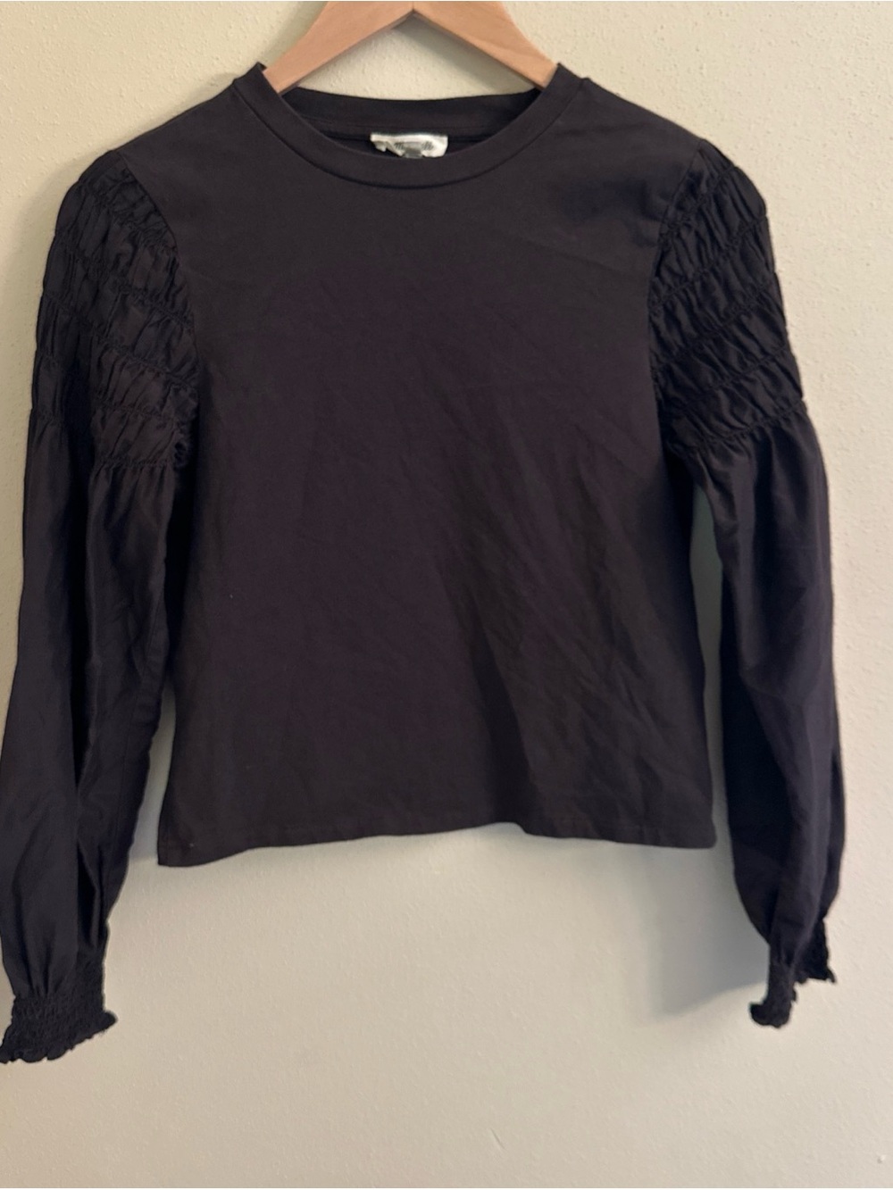 MADEWELL Smocked Long-Sleeve Tee Brown Walnut Elastic Cuffs Women's XS